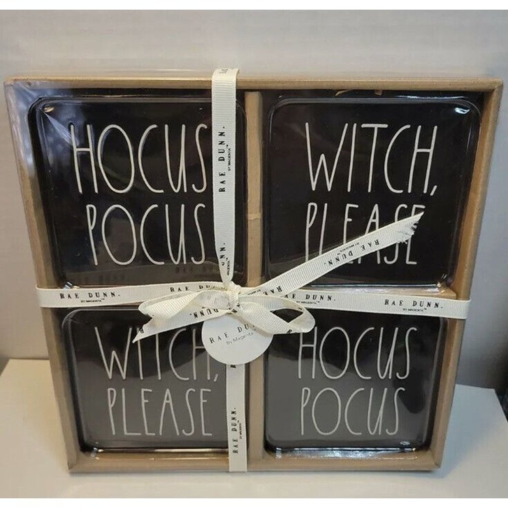 Rae Dunn Black Halloween Coasters - HOCUS POCUS, WITCH PLEASE Set of 4. NEW